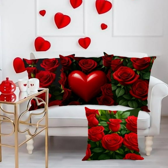 Valentine's Day Red Roses Patterned Pillow Covers 18x18inch Romantic Blossom Roses Floral Decorative Linen Pillow Case Anniversary Wedding Decoration Square Cushion Cover for Sofa Couch Bed