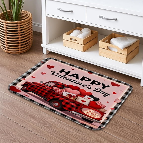 Valentines Day Red Truck Bath Mat Non Slip Flannel Washable Shower Rug 16x24 Inch Red