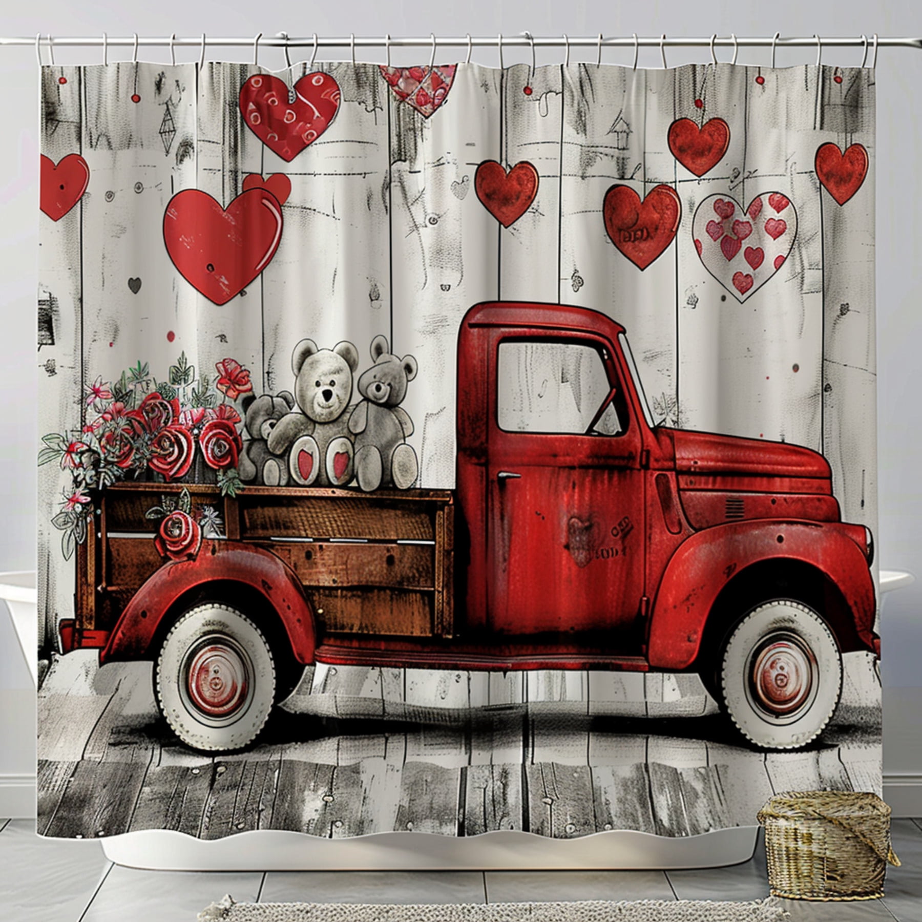 Valentine's Day Red Truck Shower Curtain Hearts Teddy Bears & Flowers