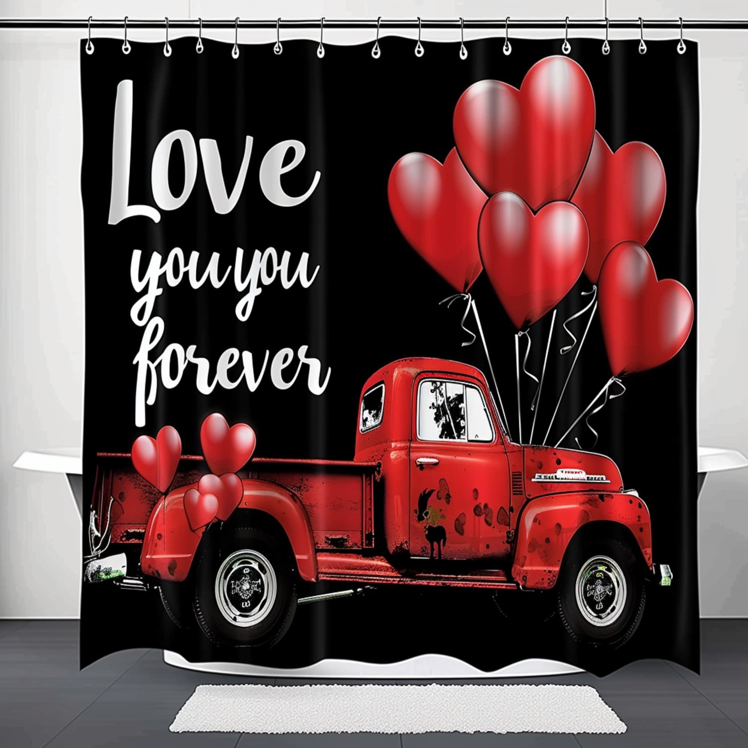 Valentine's Day Red Truck Shower Curtain Set Romantic Love Theme