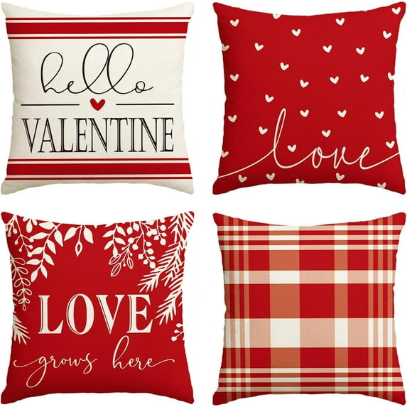 Valentine''s Day Red and White Love Throw Pillow Covers, 18 x 18 Inch Hello Valentine Plaid Wedding Cushion Case Decoration for Sofa Couch Set of 4