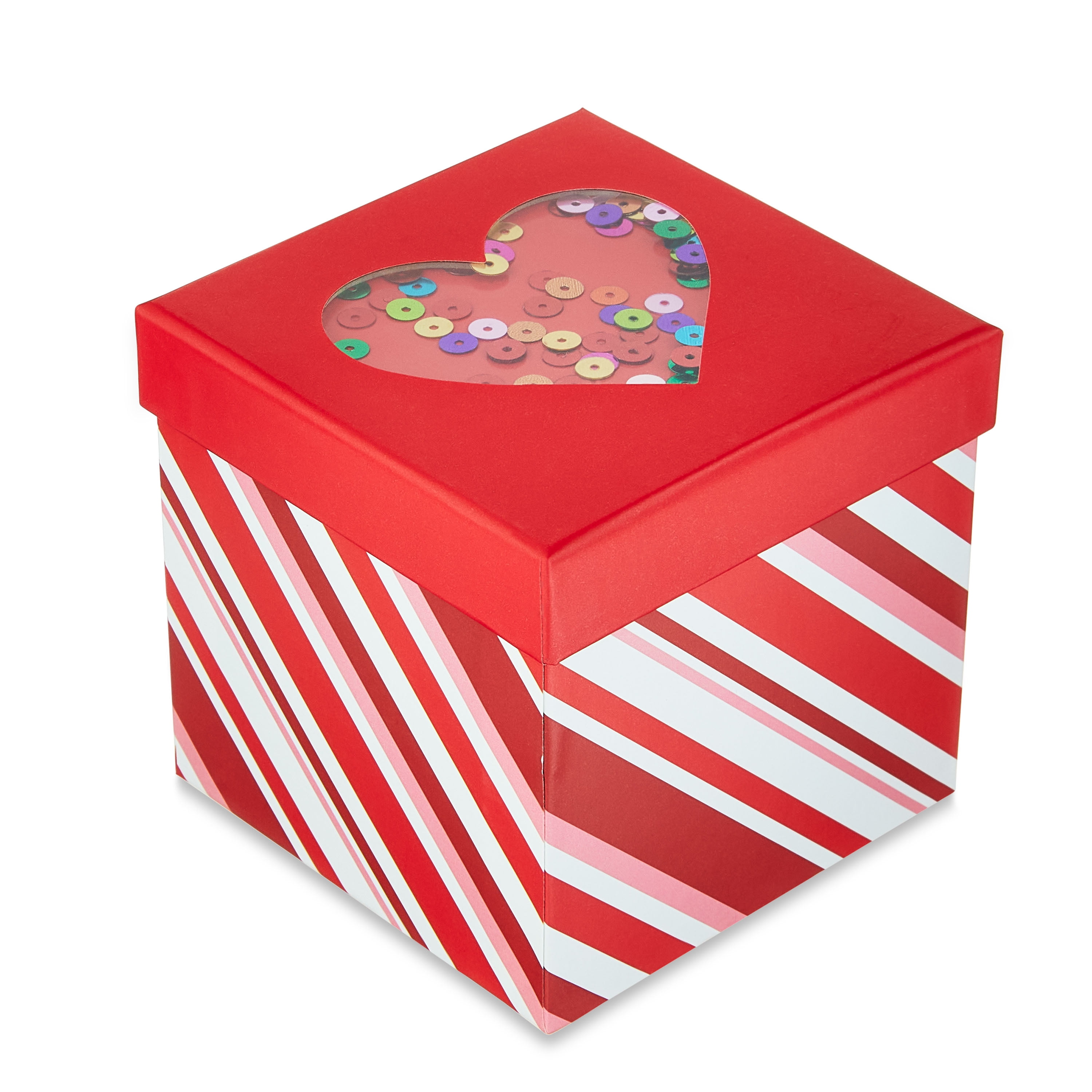Valentine's Day Red and White Stripe Confetti Gift Box, 4" x 4" x 4
