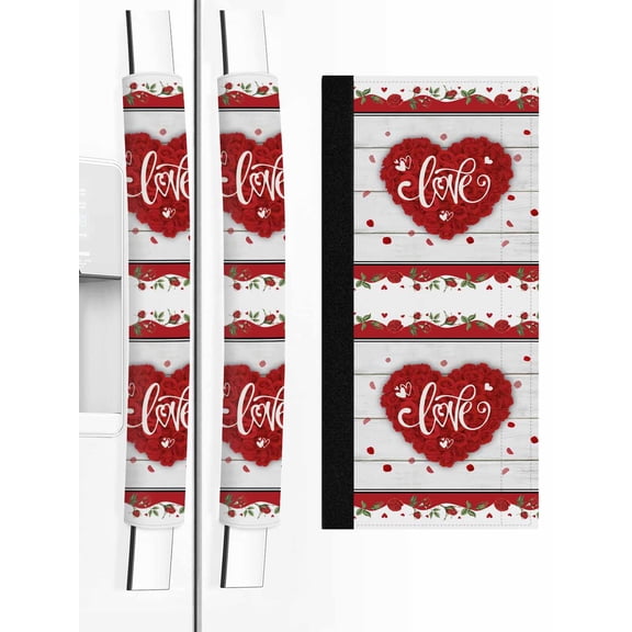 Valentine's Day Refrigerator Door Handle Covers Set of 2, Red Love Heart Roses Romantic Wooden Kitchen Fridge Microwave Oven Dishwasher Stove Cabinet Handle Protectors, Washable Appliance Decor