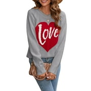LUETHBIEZX Valentine's Day Ribbed Knit Sweaters for Women Long Sleeve Love Heart Letter Print Round Neck Loose Pullover Jumper Tops Knitwear