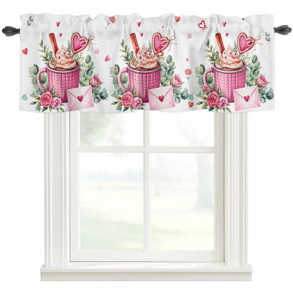 Valentine's Day Rod Pocket Curtain Valance, Ice Cream Love Rose Eucalyptus Leaves Farmhouse Window Valance for Living Room, Bedroom, Kitchen 54"W x 18"L