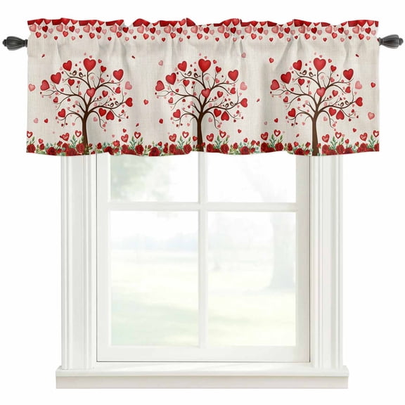 Valentine's Day Rod Pocket Curtain Valance, Romantic Love Trees Red Roses Beige Farmhouse Window Valance for Living Room, Bedroom, Kitchen 42"W x 12"L