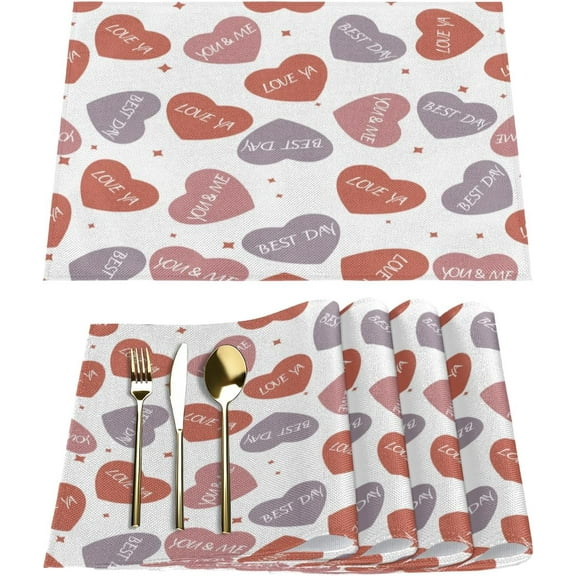 Valentine''s Day Romantic Love Text Placemats Set of 6 Fabric Placemats Square Placemat for Kitchen Table Heat Resistant, Easy to Clean Table Placemats 12x18 Inch