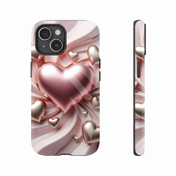 Valentine’s Day Romantic Metallic Heart iPhone Case, Decorative Shiny Hearts Protective Case Compatible with iPhone 11/12/13/14/15/16 (Pro Max/Plus)