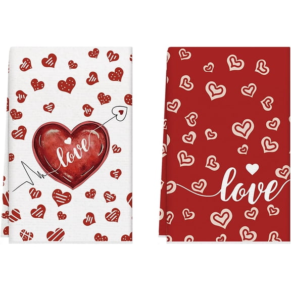 Valentine’s Day Romantic Red Love Hearts Kitchen Towels Dish Towels 18x26 Inch Home Decorations Hand Towels Set of 2 Drying Dishcloth