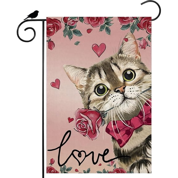 Valentine’s Day Romantic Roses Love Hearts Cat Garden Flag Yard Flag 12x18 Inch Double Sided Small Mini Yard Outdoor Outside Holiday Decoration