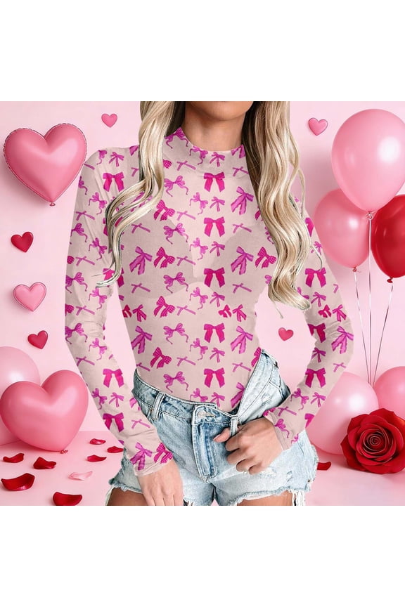 Valentine's Day Rompers Womens Bodysuits Sheer Shirts for Women Bow Heart Graphic Print Neck See Through Bodysuits Going Out Layering Tops(Pink,M)