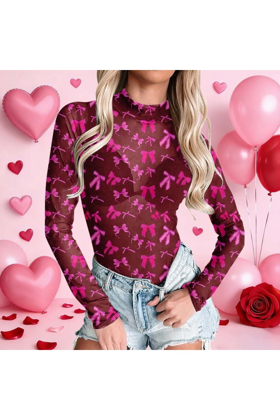 Valentine's Day Rompers Womens Bodysuits Sheer Shirts for Women Bow Heart Graphic Print Mock Neck See Through Bodysuits Going Out Layering Tops(Red,M)