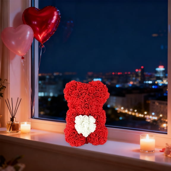 Valentine's Day Rose Bear Plush Toy, Heart Shaped Hugging Bear with Flowers, Decorative Gift for Girlfriend Wife, Multiple Color Options, 17x17x23 cm