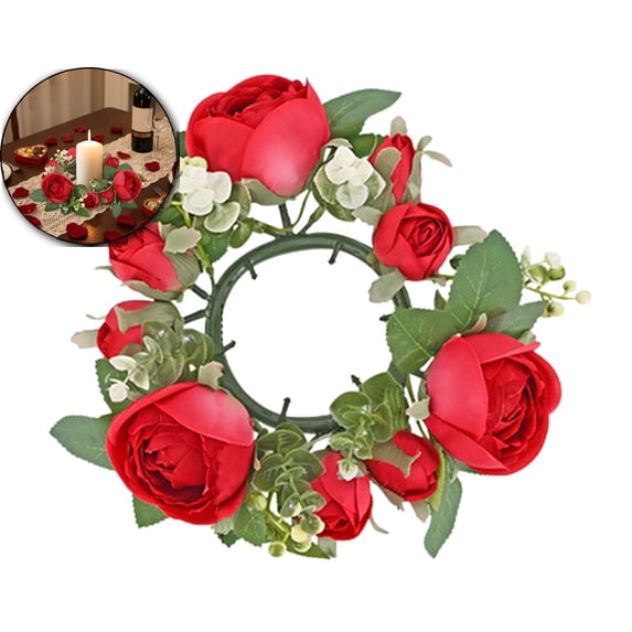 Valentine's Day Rose Candle Rings Wreaths Artificial Flowers with Green Leaves Floral Table Pillar Centerpiece Mini Rings Garland for Wedding Home Party Table Wreath Candle Holder Décor
