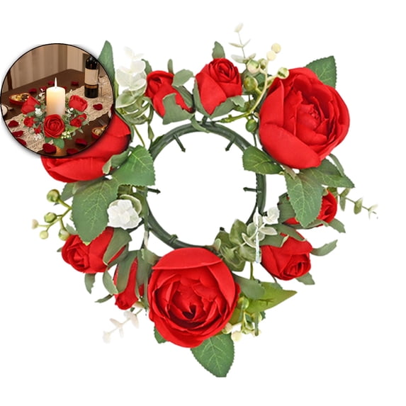 Valentine's Day Rose Candle Rings Wreaths Artificial Flowers with Green Leaves Floral Table Pillar Centerpiece Mini Rings Garland for Wedding Home Party Table Wreath Candle Holder Décor