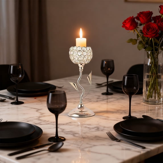 Valentine's Day Rose Candlestick Luxury Rose Shaped Crystal Glass Candle Holder - Brass Frame & Marble Base, Creative Art Candle Stick for Romantic Home Tabletop Decor & Party Setup