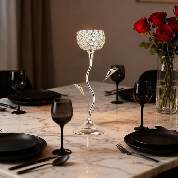 Valentine's Day Rose Candlestick Luxury Rose Shaped Crystal Glass Candle Holder - Brass Frame & Marble Base, Creative Art Candle Stick for Romantic Home Tabletop Decor & Party Setup