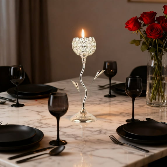 Valentine's Day Rose Candlestick Luxury Rose Shaped Crystal Glass Candle Holder - Brass Frame & Marble Base, Creative Art Candle Stick for Romantic Home Tabletop Decor & Party Setup