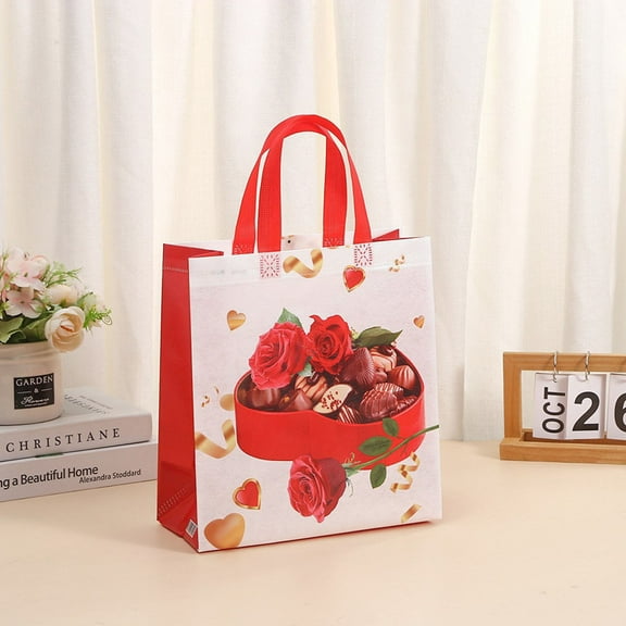 Valentine’s Day Rose Gift Bag, Non-Woven Tote, Waterproof Shopping Bag, Romantic Love Gift Packaging, Anniversary Birthday Valentine Present, Heart Couples Gift Bag
