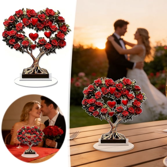 Valentine's Day Rose Heart Tree Acrylic Ornament with Crystal Base, Romantic Tabletop Decor for Anniversary or Gift, 1 Piece