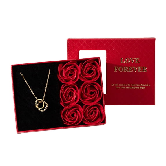 Valentine's Day Rose Jewelry Gift Box - 6 Pcs Pink Rose & Interlocking Pendant Necklace Set, Romantic Proposal Gift for Her, Elegant Love Forever Gift Box