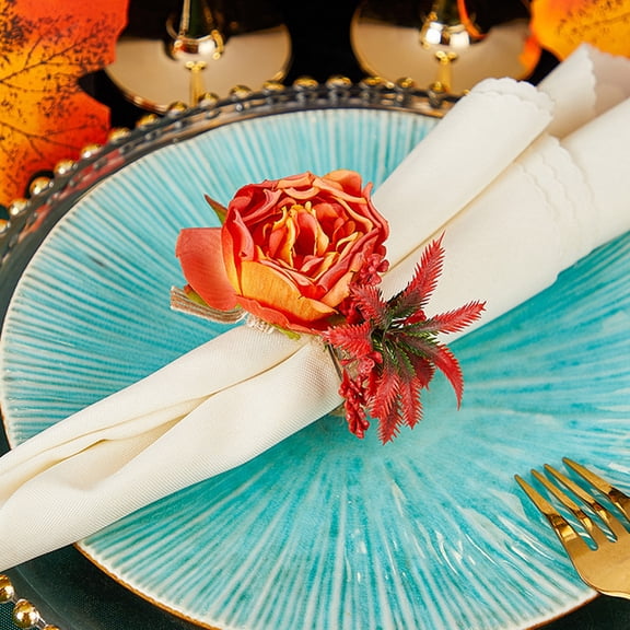 Valentine’s Day Rose Napkin Rings Set of 2, Faux Red Rose Metal Napkin Holders for Romantic Dinner Table Decor, Wedding & Anniversary Party Place Settings