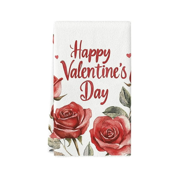 Valentine's Day Rose Red Heart Dish Cloth, Highly Absorbent Fast Drying Kitchen Towel, Multi Functional Holiday Theme Cleaning Cloth for Hand Wiping and Festive Kitchen Decor