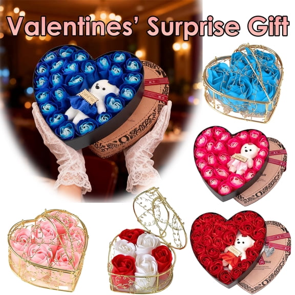 Valentine's Day Rose Soap Flowers Iron Basket, Scented Flower Shaped Soap Ornaments, Romantic Decoration Gift for Women Mom Anniversary Birthday, AKLJWH, Pink