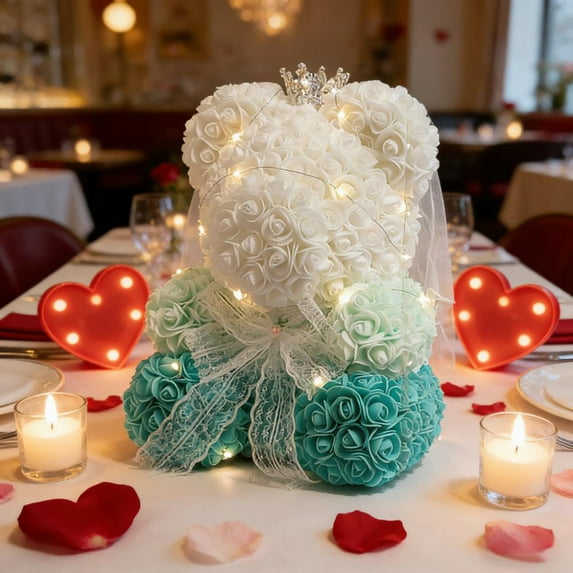 Valentine’s Day Rose Teddy Bear – 10 Inch Artificial Flower Bear with LED Lights & Clear Gift Box – Romantic Gift for Her, Anniversary, Birthday