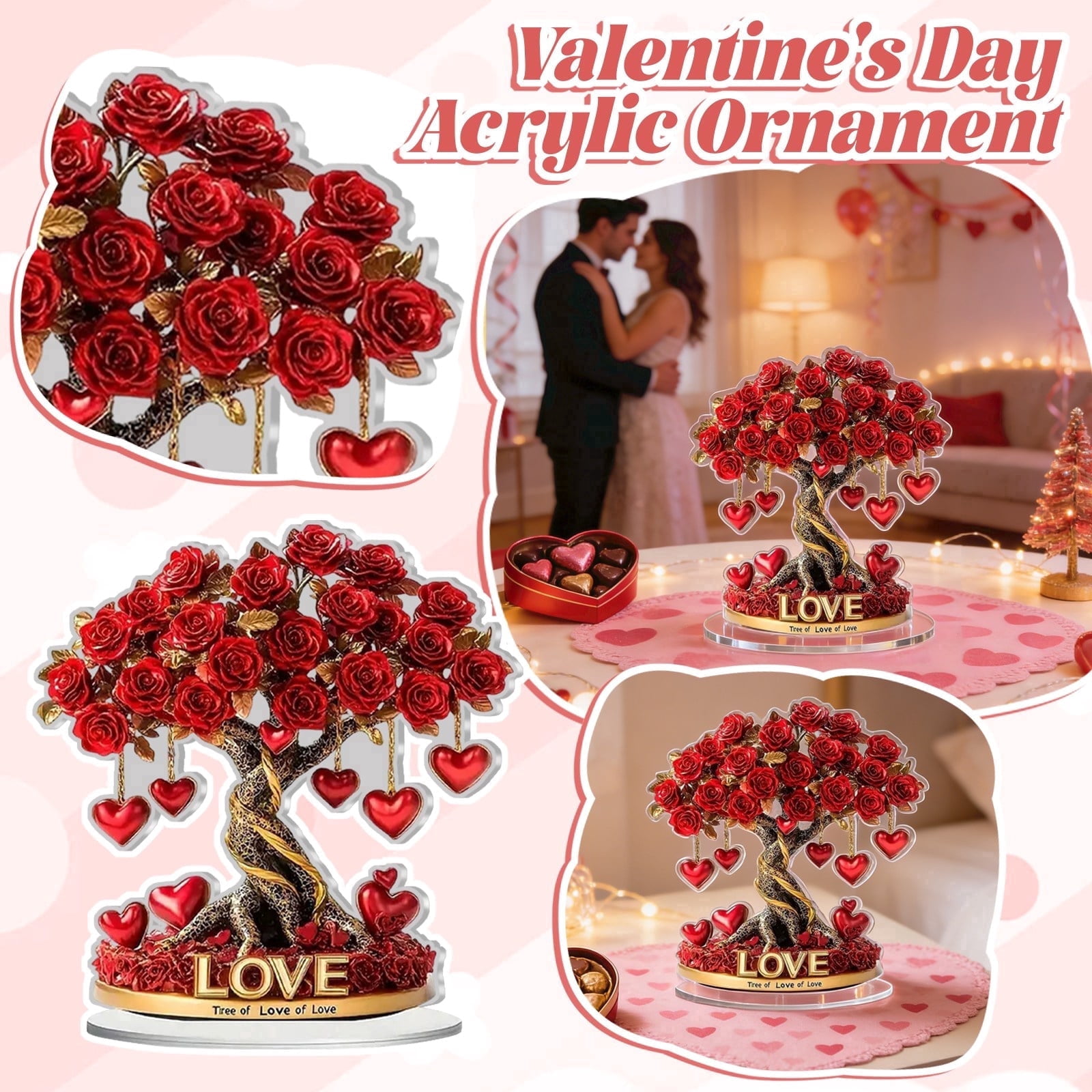Valentine's Day Rose Tree with Heart Table Decoration,2D Flat Acrylic Ornament for Desktop Mantel Kitchen Decor Holiday Winter Party Gifts