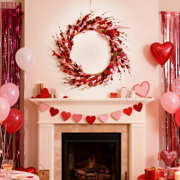 Valentine's Day Rose Wreath, 13.7 Inch Artificial Floral Door Hanging Decor, Multicolor Plastic Roses with Green Leaves, Holiday Decoration for Door Wall Mantle