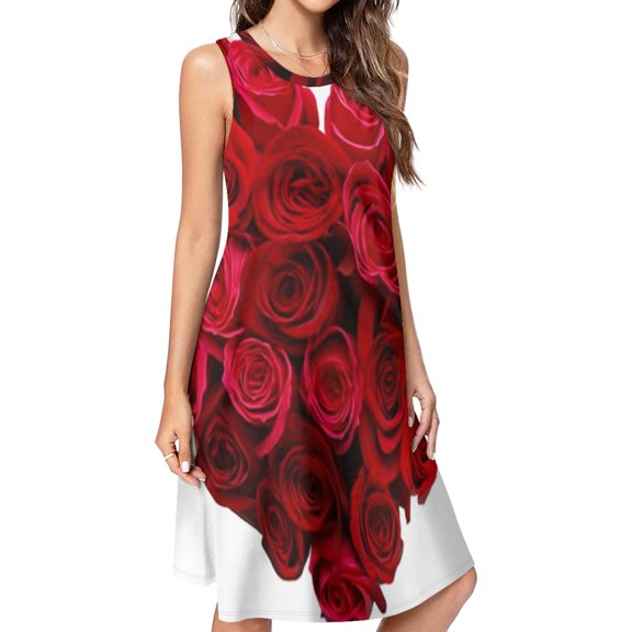 Valentine's Day Roses Heart Spring Summer Dresses for Women Fashion T-shirt Dress Casual Sleeveless Loose Sundress with Pockets