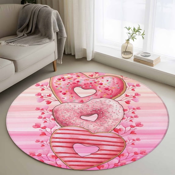 Valentine's Day Round Area Rug 3.3Ft Washable Circle Rugs for Dining Room Table, Pink Gradient Love Hearts Desserts Non-Slip Carpet Floor Mats Indoor Outdoor Carpet Runner Aesthetic Home Decor