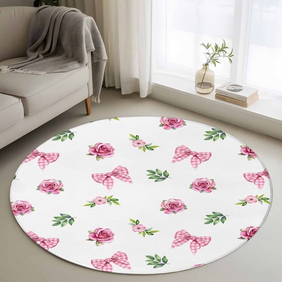 Valentine's Day Round Area Rug 3.3Ft Washable Circle Rugs for Dining Room Table, Spring Roses Romantic Pink Bows Leaves Non-Slip Carpet Floor Mats Indoor Outdoor Carpet Runner Aesthetic Home Decor