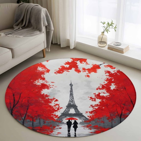 Valentine's Day Round Area Rug 3Ft Washable Small Circle Rugs for Kitchen Entryway, Romantic Couples Red Flowers Street Rainy Non-Slip Carpet Floor Mats Indoor Outdoor Carpet Runner Home Decor