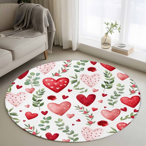 Valentine's Day Round Area Rug 4Ft Washable Circle Rugs for Bedroom Dining Room, Pink Red Love Heart Spring Green Botanical Non-Slip Carpet Floor Mats Indoor Outdoor Carpet Runner Home Decor