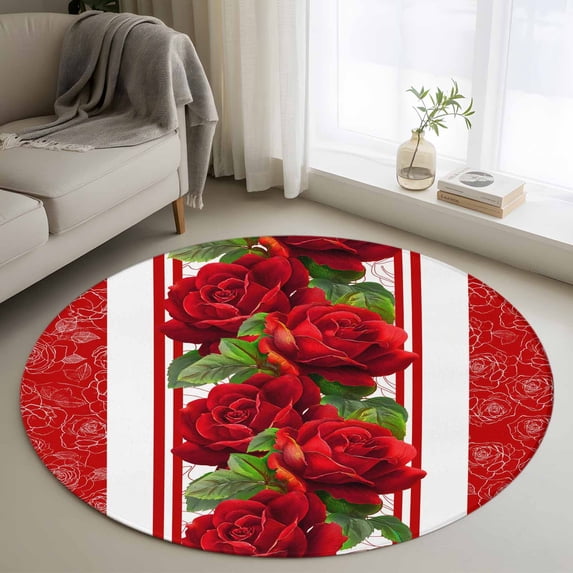 Valentine's Day Round Area Rug 4Ft Washable Circle Rugs for Bedroom Dining Room, Red Roses Floral Romantic Striped Non-Slip Carpet Floor Mats Indoor Outdoor Carpet Runner Aesthetic Home Decor