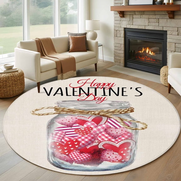 Valentine's Day Round Area Rug 6Ft Washable Circle Rugs for Bathroom Office, Rustic Pink Love Hearts Bottle Burlap Non-Slip Carpet Floor Mats Indoor Outdoor Carpet Runner Aesthetic Home Decor