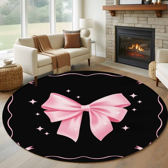 Valentine's Day Round Area Rug 7Ft Washable Circle Rugs for Dorm Laundry Room, Pink Bowknot Ribbon on Black Mother's Day Non-Slip Carpet Floor Mats Indoor Outdoor Carpet Runner Aesthetic Home Decor