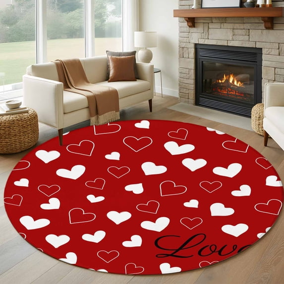 Valentine's Day Round Area Rug 7Ft Washable Circle Rugs for Dorm Laundry Room, Valentines Red Love Heats Romantic Non-Slip Carpet Floor Mats Indoor Outdoor Carpet Runner Aesthetic Home Decor