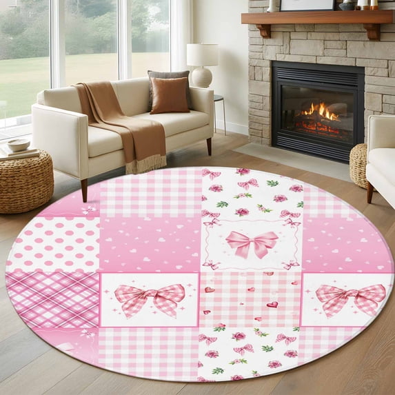 Valentine's Day Round Area Rug 8Ft Washable Large Circle Rugs for Living Room Dorm, Pink Bows Romantic Roses Farmhouse Plaid Non-Slip Carpet Floor Mats Indoor Outdoor Carpet Runner Home Decor