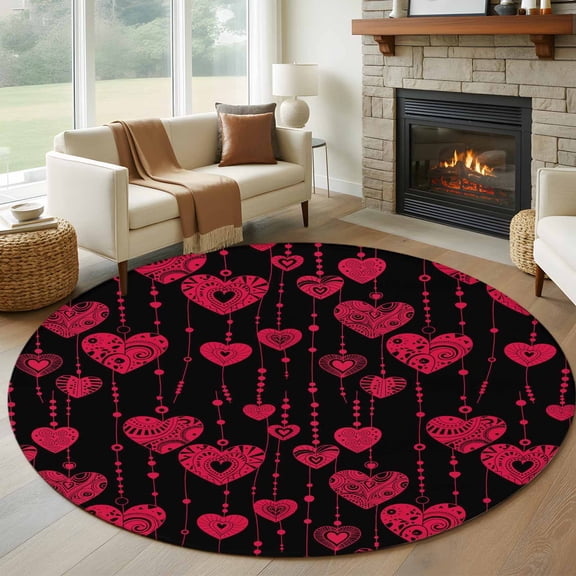 Valentine's Day Round Area Rug 8Ft Washable Large Circle Rugs for Living Room Dorm, Red Heart Love Rustic Retro Black Non-Slip Carpet Floor Mats Indoor Outdoor Carpet Runner Aesthetic Home Decor