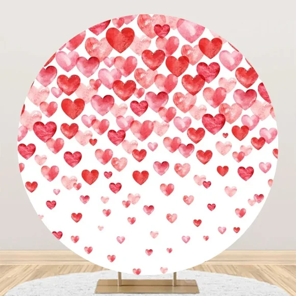 Valentine's Day Round Backdrop Cover Red Rose Flower Heart Floral Circle Background for Couple Anniversary