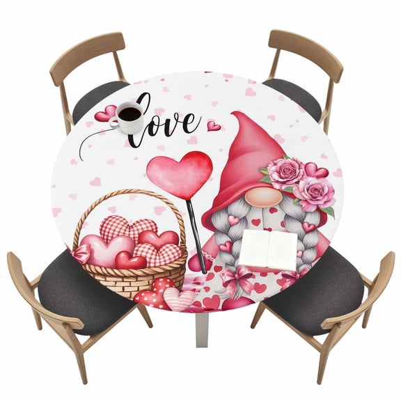 Valentine's Day Round Fitted Tablecloth with Elastic Edge Cute Gnome Romantic Gradient Pink Love Heart in Basket Roses Table Cover Fit for 45"-54" Tables Tablecloths for Dinner Camping Picnic