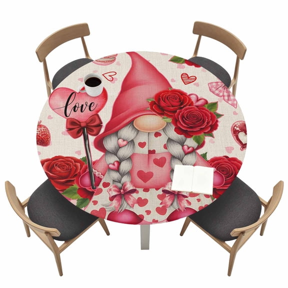 Valentine's Day Round Fitted Tablecloth with Elastic Edge Cute Gnome Romantic Pink Love Heart Roses Floral Linen Texture Table Cover Fit for 36"-44" Tables Tablecloths for Dinner Camping Picnic