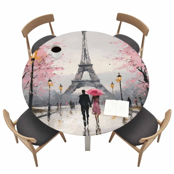 Valentine's Day Round Fitted Tablecloth with Elastic Edge Rainy Couple under Pink Umbrella Paris Eiffel Tower Pink Trees Table Cover Fit for 45"-54" Tables Tablecloths for Dinner Camping Picnic