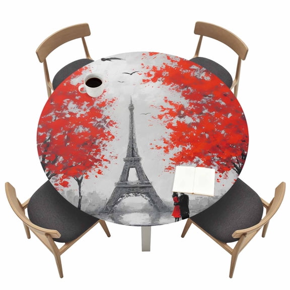 Valentine's Day Round Fitted Tablecloth with Elastic Edge Rainy Couple under Red Umbrella Paris Eiffel Tower Red Trees Table Cover Fit for 45"-54" Tables Tablecloths for Dinner Camping Picnic