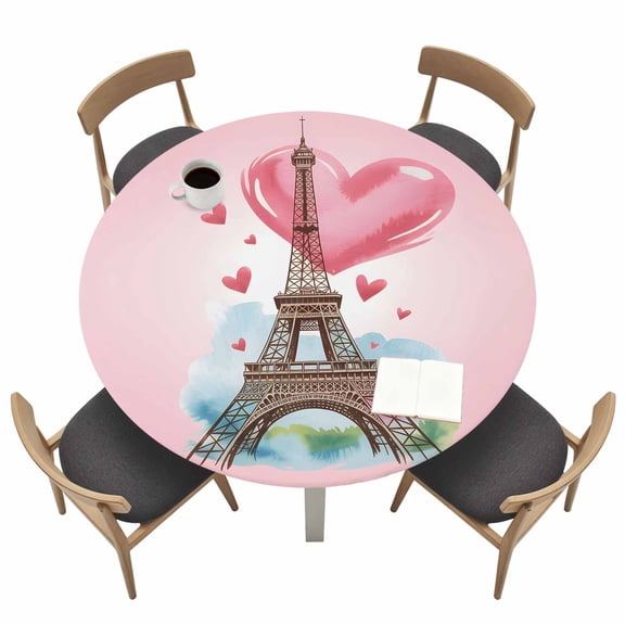 Valentine's Day Round Fitted Tablecloth with Elastic Edge Romantic Paris Tower Love Pink Table Cover Fit for 55"-60" Tables Waterproof Tablecloths for Dinner Camping Picnic