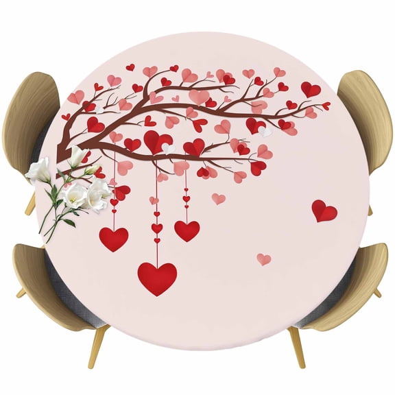Valentine's Day Round Fitted Tablecloth with Elastic Edge, Romantic Pink Red Falling Love Heart Tree Pink Stretch Table Covers for 36"-44" Tables Wipeable Table Cloth for Outdoor