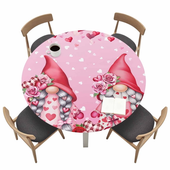 Valentine's Day Round Fitted Tablecloth with Elastic Edge Sweet Gnome Couple Pink Love Heart Rose Floral Gradient Pink Table Cover Fit for 45"-54" Tables Tablecloths for Dinner Camping Picnic